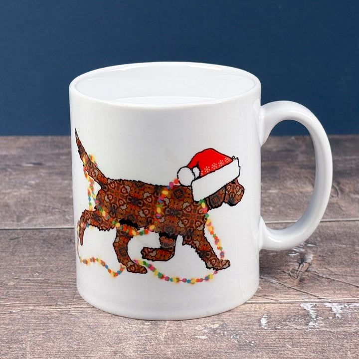 SALE - Christmas Labradoodle mug - chocolate/brown dog with hat &amp; fairy lights