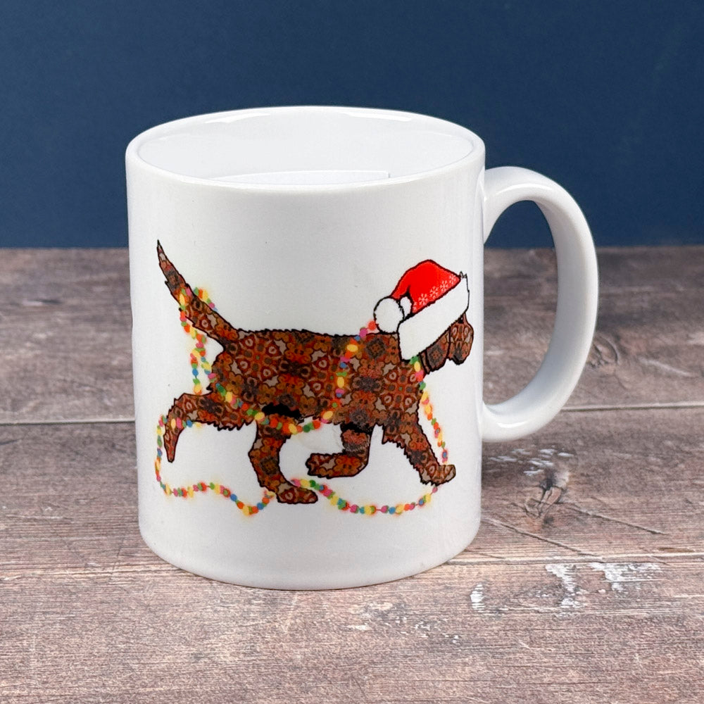 SALE - Christmas Labradoodle mug - chocolate/brown dog with hat &amp; fairy lights