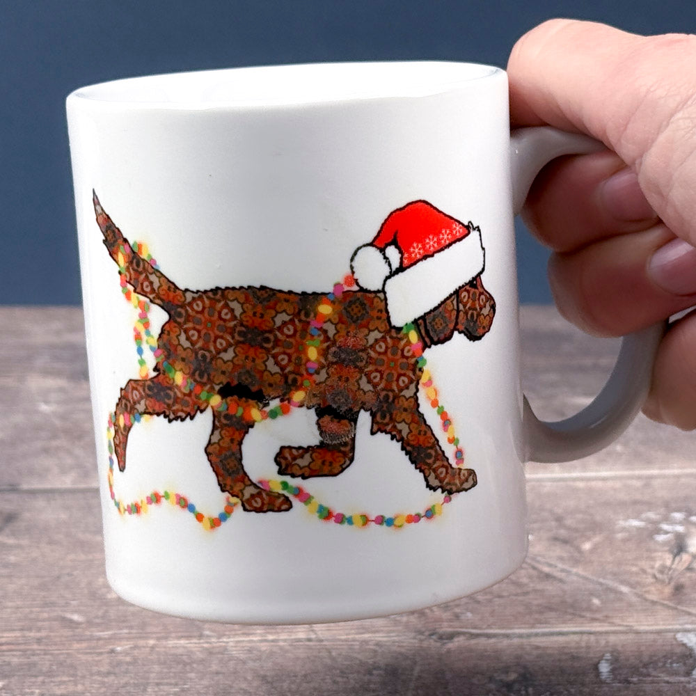 SALE - Christmas Labradoodle mug - chocolate/brown dog with hat &amp; fairy lights