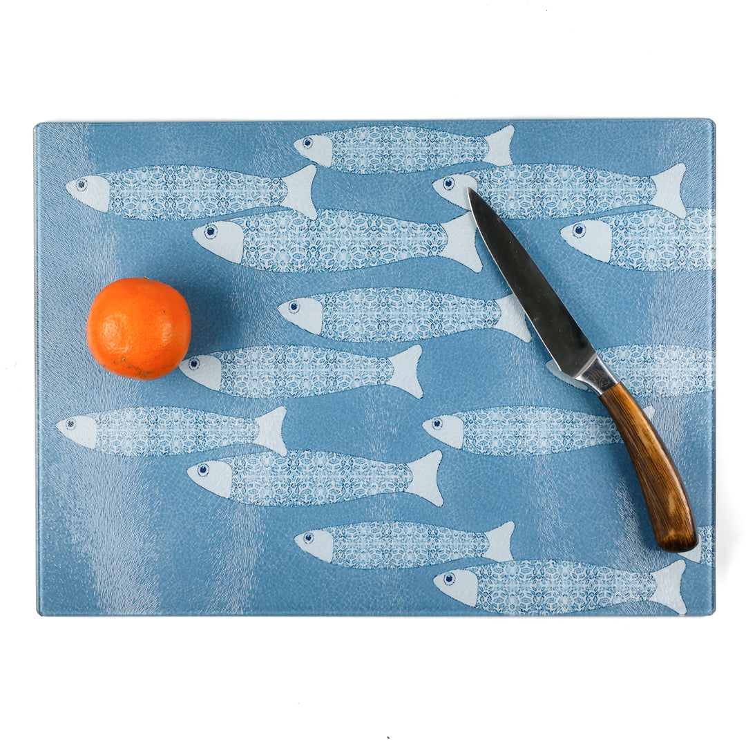 SALE - Large Rectangular - Grey Blue Ocean Shoal Chopping Board (textured)