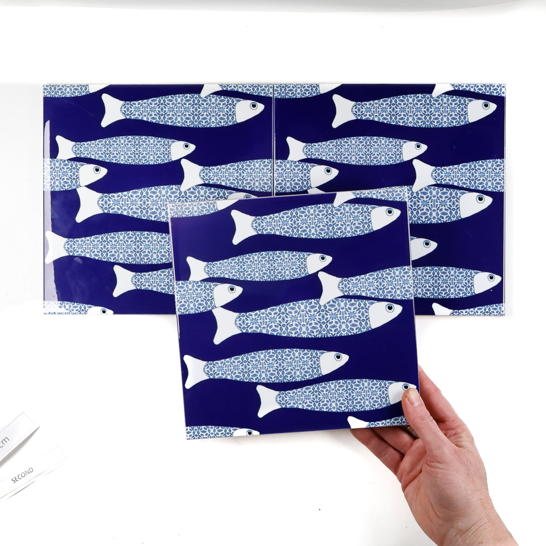SALE SECONDS SET of 3 x 20cm Navy blue Ocean Shoal tiles