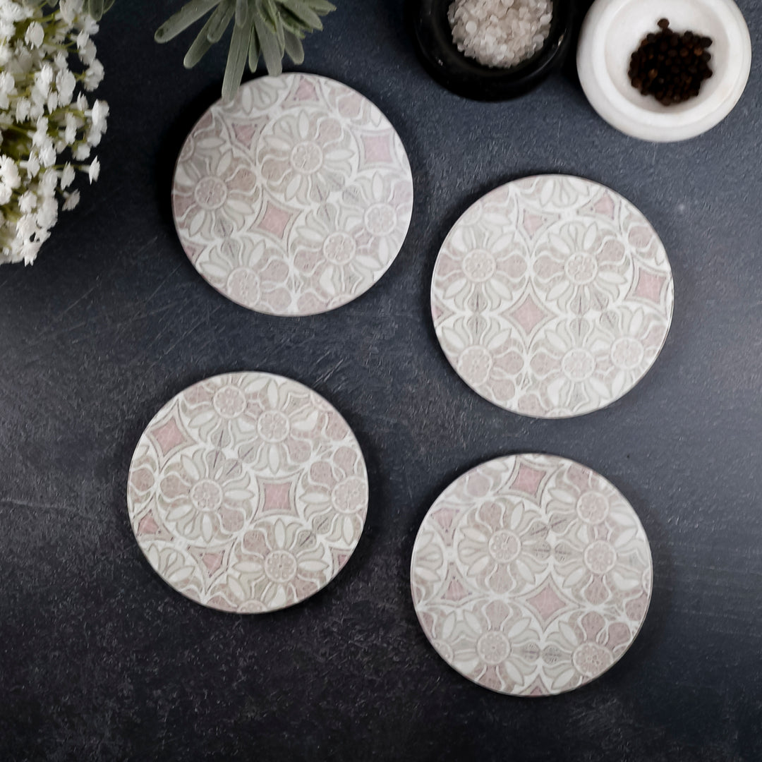 SALE : 4x Circular Ceramic Coasters Set (cork-backed) - Pomegranate Pink