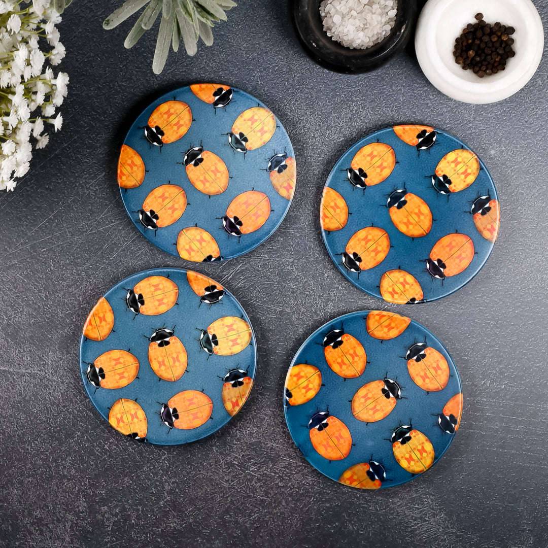 SALE : 4x Circular Ceramic Coasters Set (cork-backed) - Ladybirds