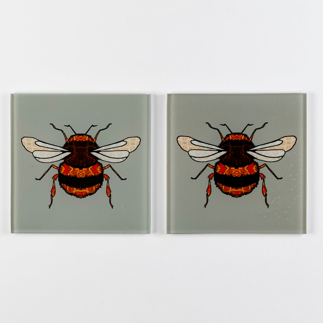SALE SECOND - Pair of Bumble Bee square glass coasters