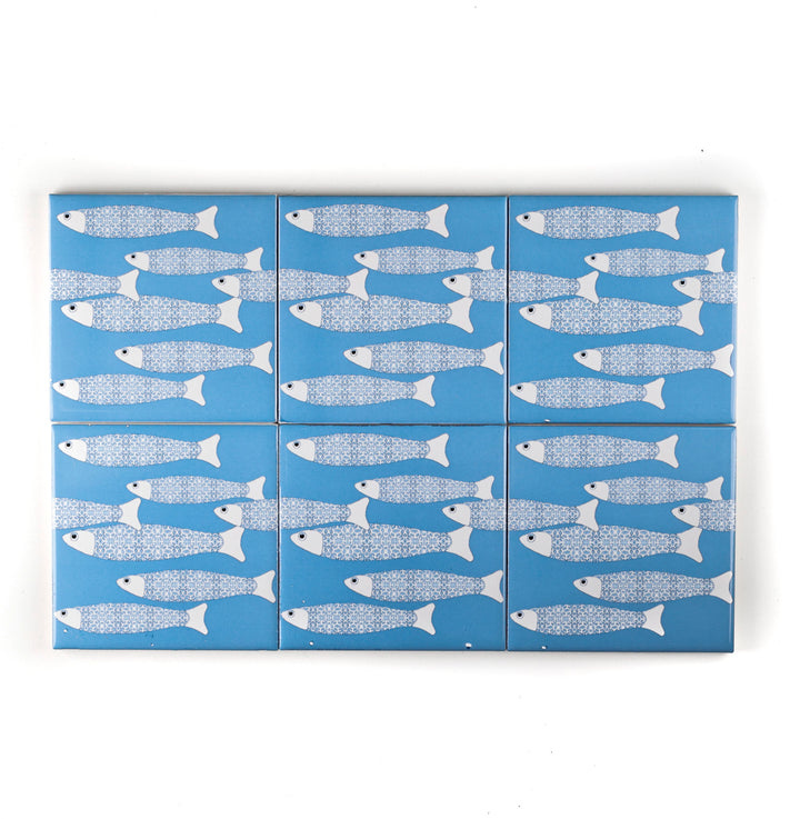 SALE SET of 6x 10cm Fired Ink tiles Mid Blue Ocean Shoal - Seconds