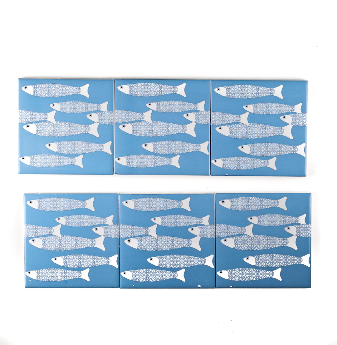 SALE SET of 6x 10cm Fired Ink tiles Mid Blue Ocean Shoal - Seconds