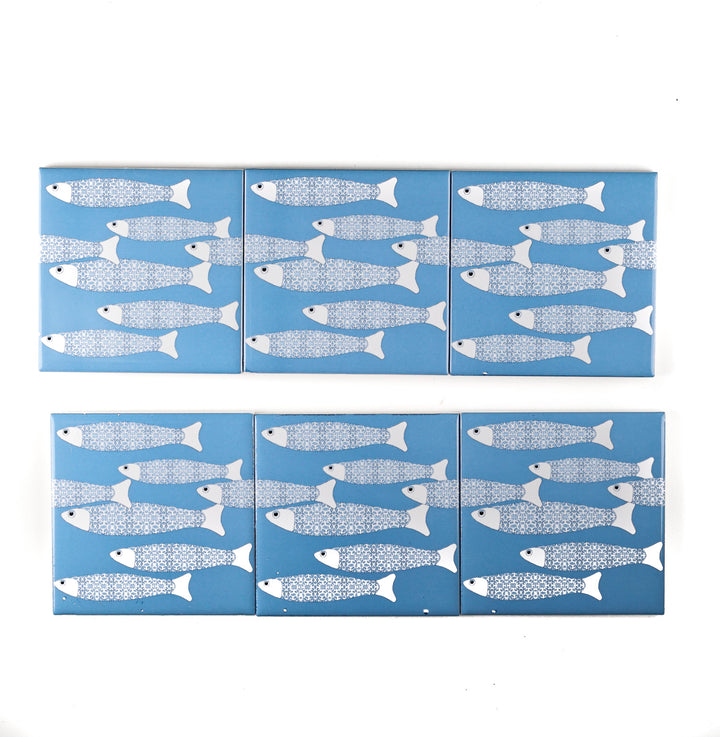 SALE SET of 6x 10cm Fired Ink tiles Mid Blue Ocean Shoal - Seconds