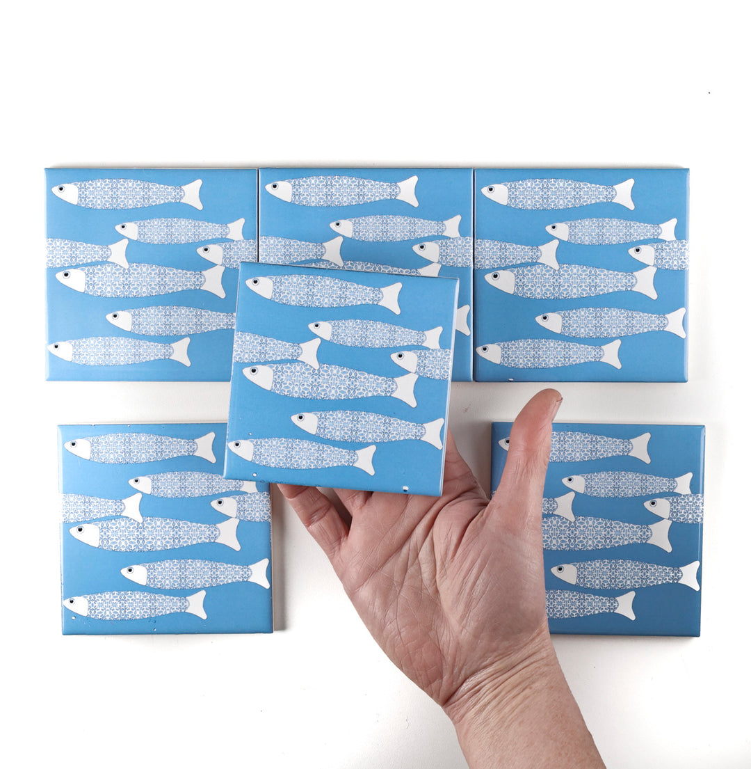 SALE SET of 6x 10cm Fired Ink tiles Mid Blue Ocean Shoal - Seconds