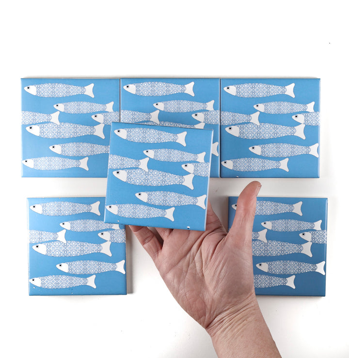 SALE SET of 6x 10cm Fired Ink tiles Mid Blue Ocean Shoal - Seconds