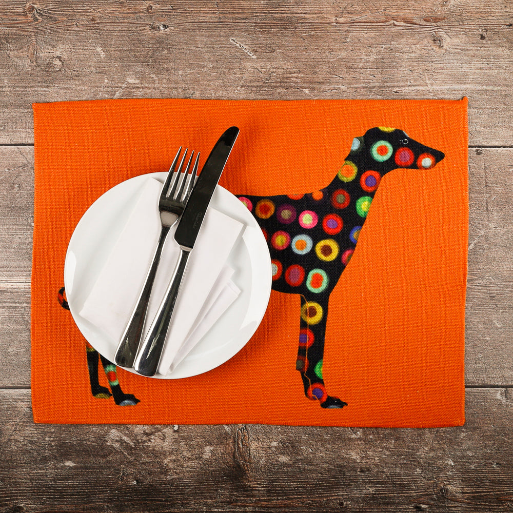 Greyhound Lurcher Placemat - Fabric - Spotty on orange