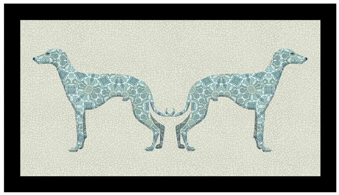 Two stylized greyhound dogs made of blue mosaic pattern on a beige background