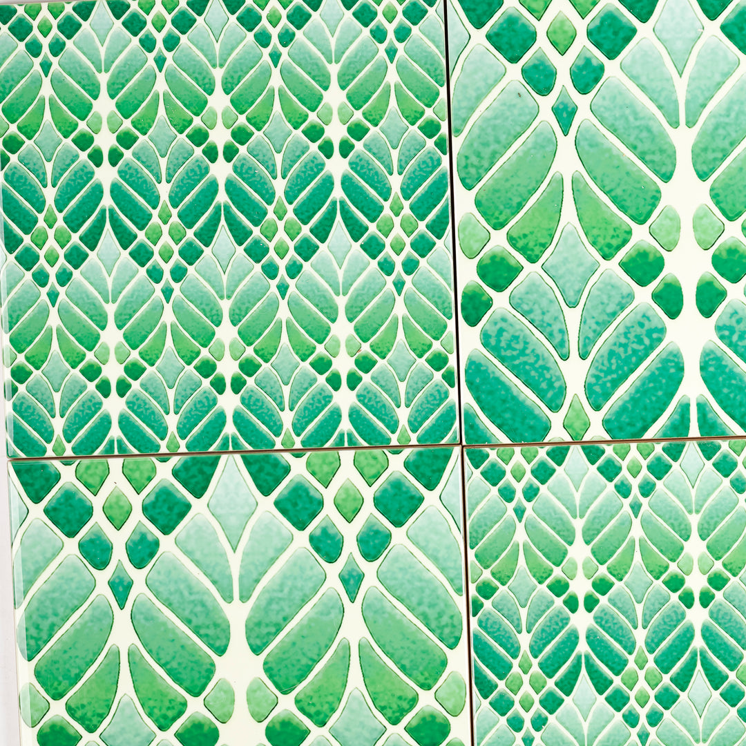 SALE SECONDS SET of 4 x 15.2cm Bright Green Interwoven Tree tiles (mixed set)