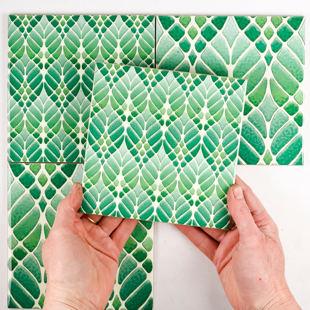 SALE SECONDS SET of 4 x 15.2cm Bright Green Interwoven Tree tiles (mixed set)