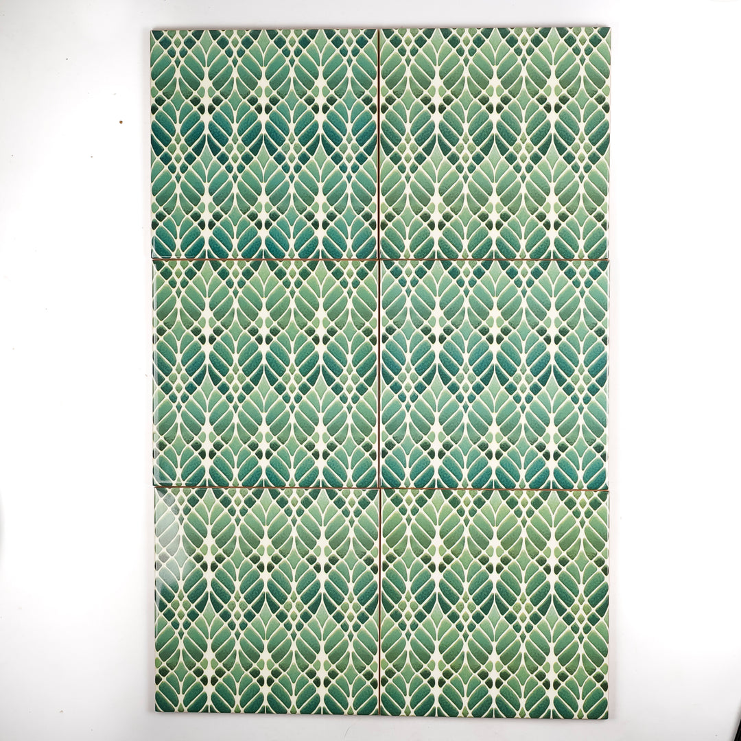 SALE SET of 6x 15cm Fired Ink tiles (Mixed Interwoven Tree Designs - green)