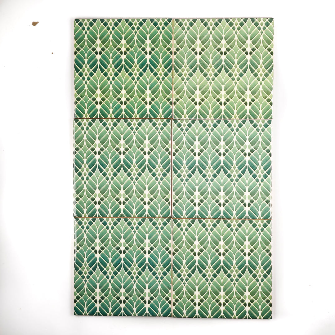 SALE SET of 6x 15cm Fired Ink tiles (Mixed Interwoven Tree Designs - green)