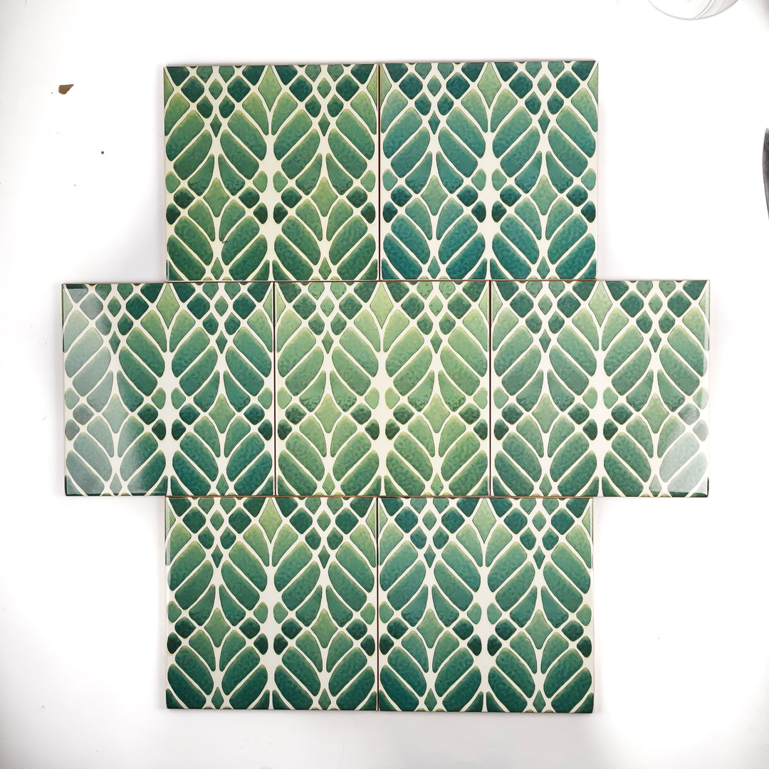SALE SET of 7x 15cm Fired Ink tiles (Mixed Interwoven Tree large scale design - green)