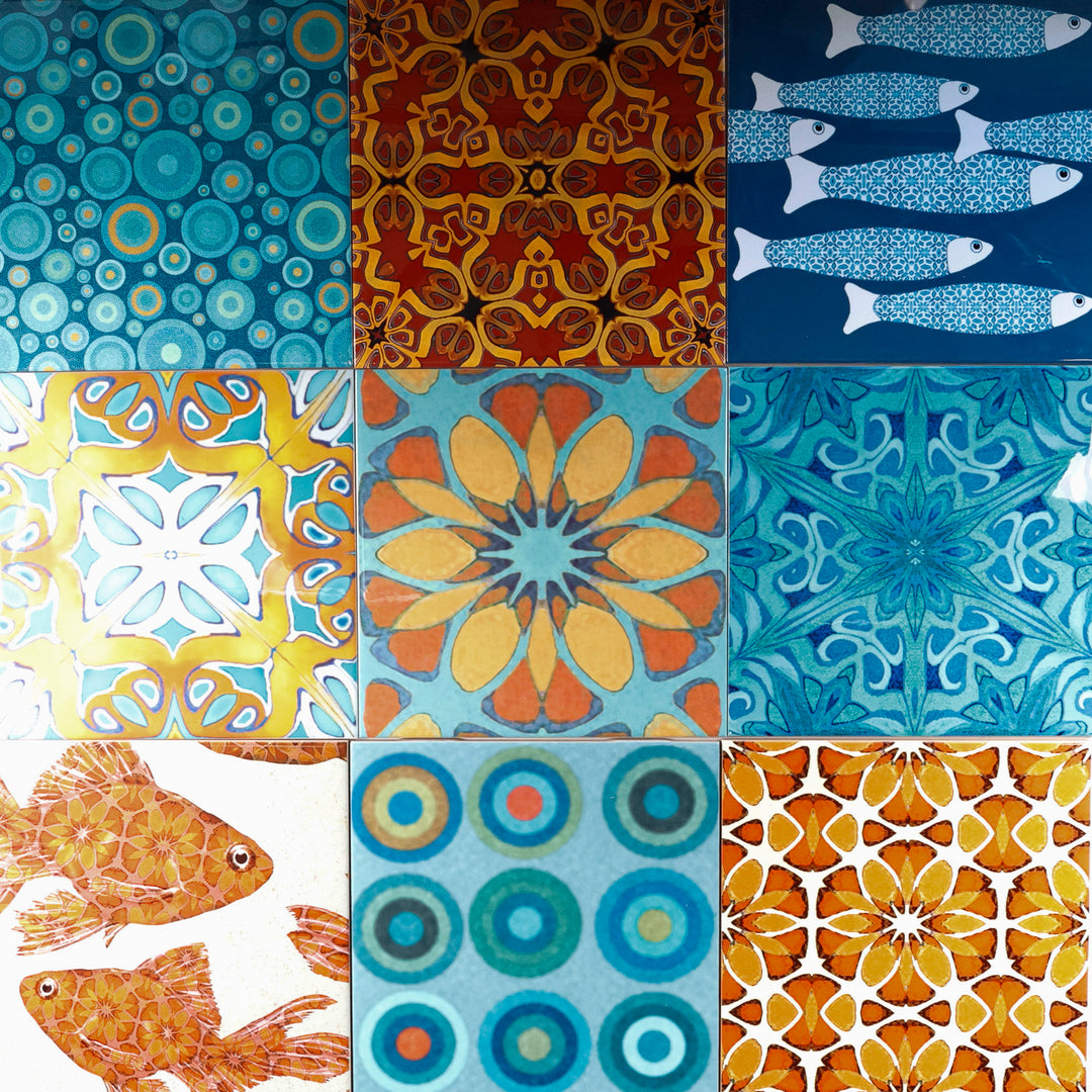 SALE - Set of 9 x 20cm Tiles - Mixed Blue/Orange - Patchwork Design