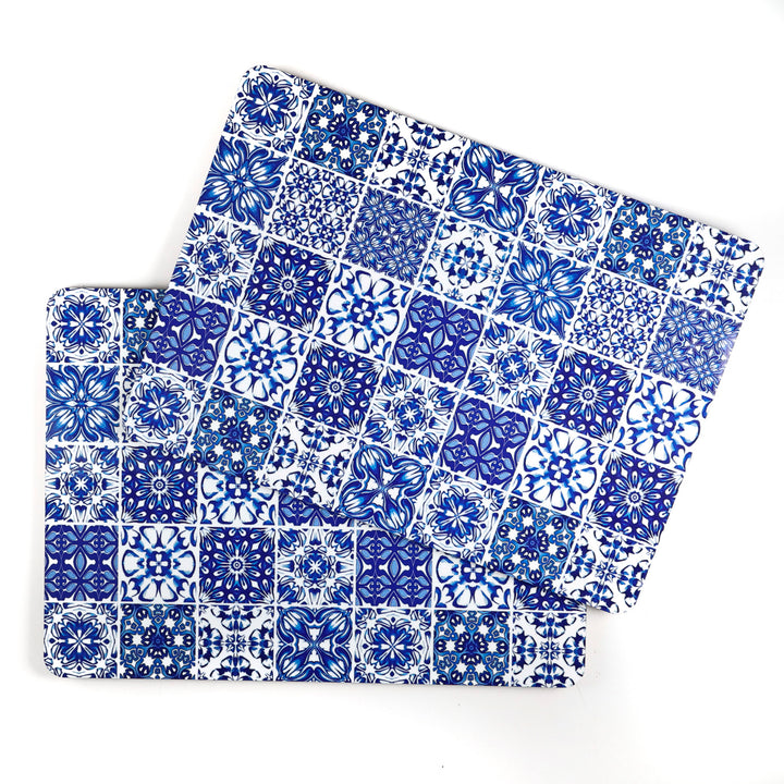 SALE SECONDS - 2x Cork Placemats - Blue &amp; White - Multi-tile design