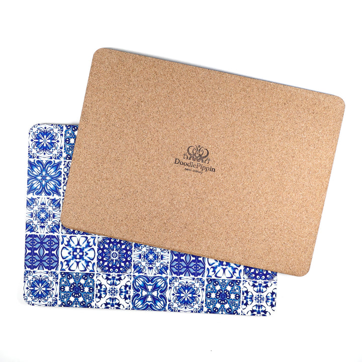 SALE SECONDS - 2x Cork Placemats - Blue &amp; White - Multi-tile design