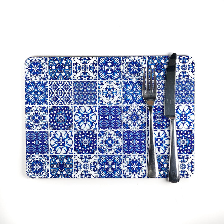SALE SECONDS - 2x Cork Placemats - Blue &amp; White - Multi-tile design