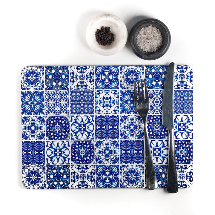 SALE SECONDS - 2x Cork Placemats - Blue &amp; White - Multi-tile design