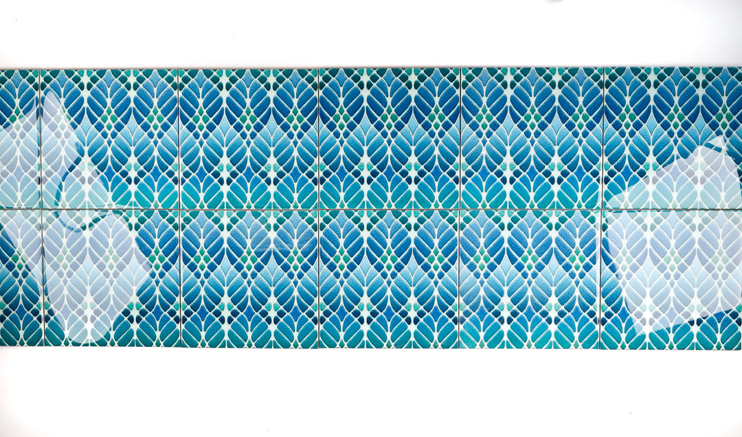 SALE SECONDS - SET of 12 x 15.2cm Blue/Green Interwoven Tree tiles - non standard design