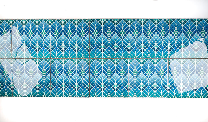 SALE SECONDS - SET of 12 x 15.2cm Blue/Green Interwoven Tree tiles - non standard design