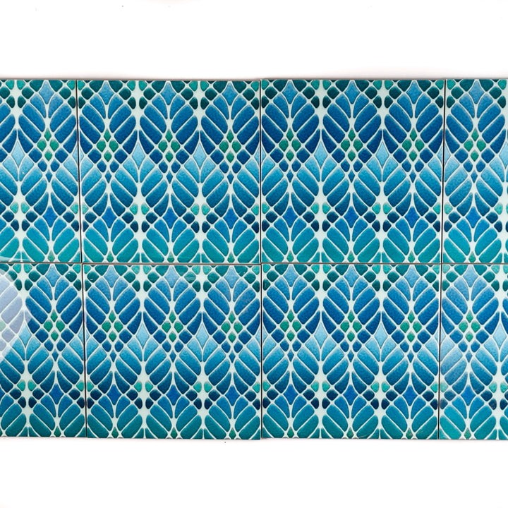 SALE SECONDS - SET of 12 x 15.2cm Blue/Green Interwoven Tree tiles - non standard design