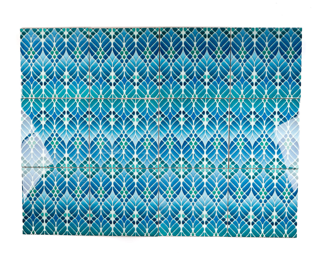 SALE SECONDS - SET of 12 x 15.2cm Blue/Green Interwoven Tree tiles - non standard design