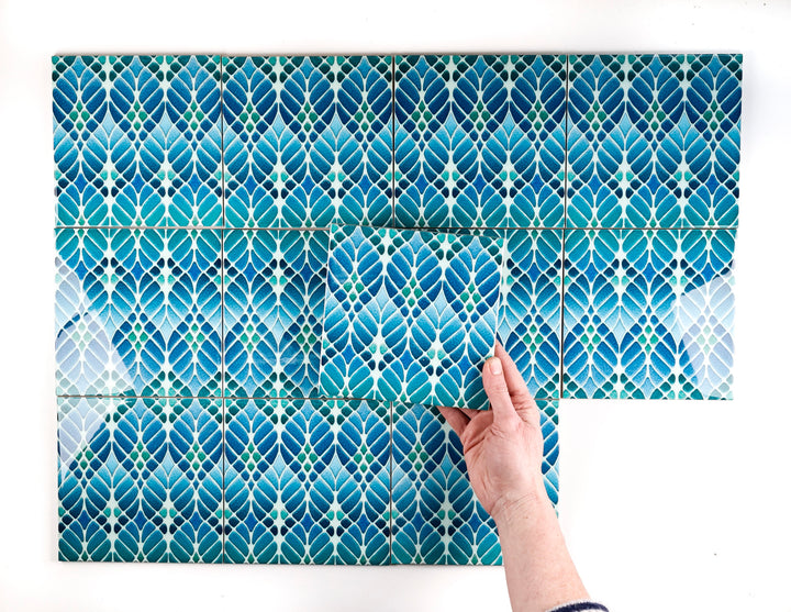SALE SECONDS - SET of 12 x 15.2cm Blue/Green Interwoven Tree tiles - non standard design