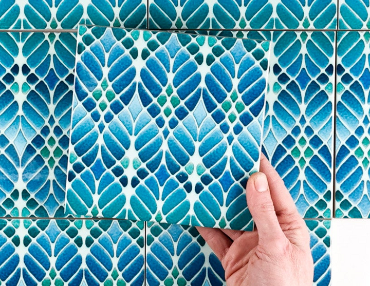 SALE SECONDS - SET of 12 x 15.2cm Blue/Green Interwoven Tree tiles - non standard design