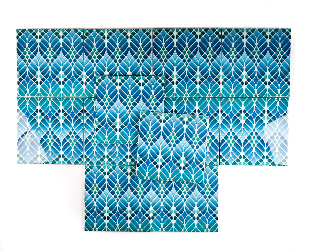 SALE SECONDS - SET of 12 x 15.2cm Blue/Green Interwoven Tree tiles - non standard design