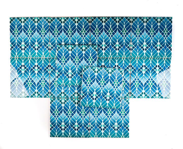 SALE SECONDS - SET of 12 x 15.2cm Blue/Green Interwoven Tree tiles - non standard design