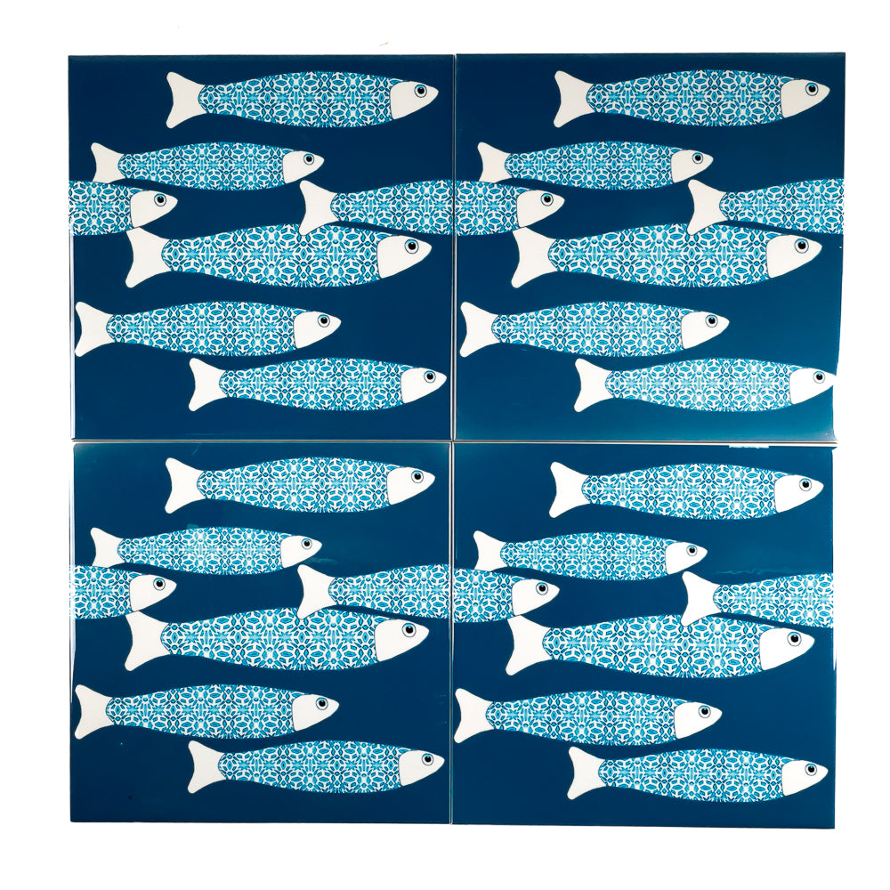 SALE SECONDS : 4 x 20cm tiles -Teal Ocean Shoal (border design) Set 3