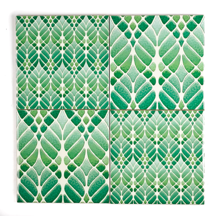 SALE SECONDS SET of 4 x 15.2cm Bright Green Interwoven Tree tiles (mixed set)