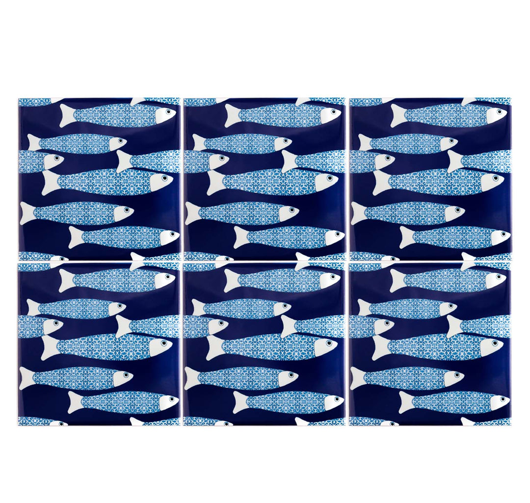VENTE DEUXIÈME SÉRIE - 4 carreaux de 20cm - Thème banc de poissons océaniques bleu marine