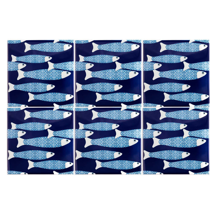 VENTE DEUXIÈME SÉRIE - 4 carreaux de 20cm - Thème banc de poissons océaniques bleu marine