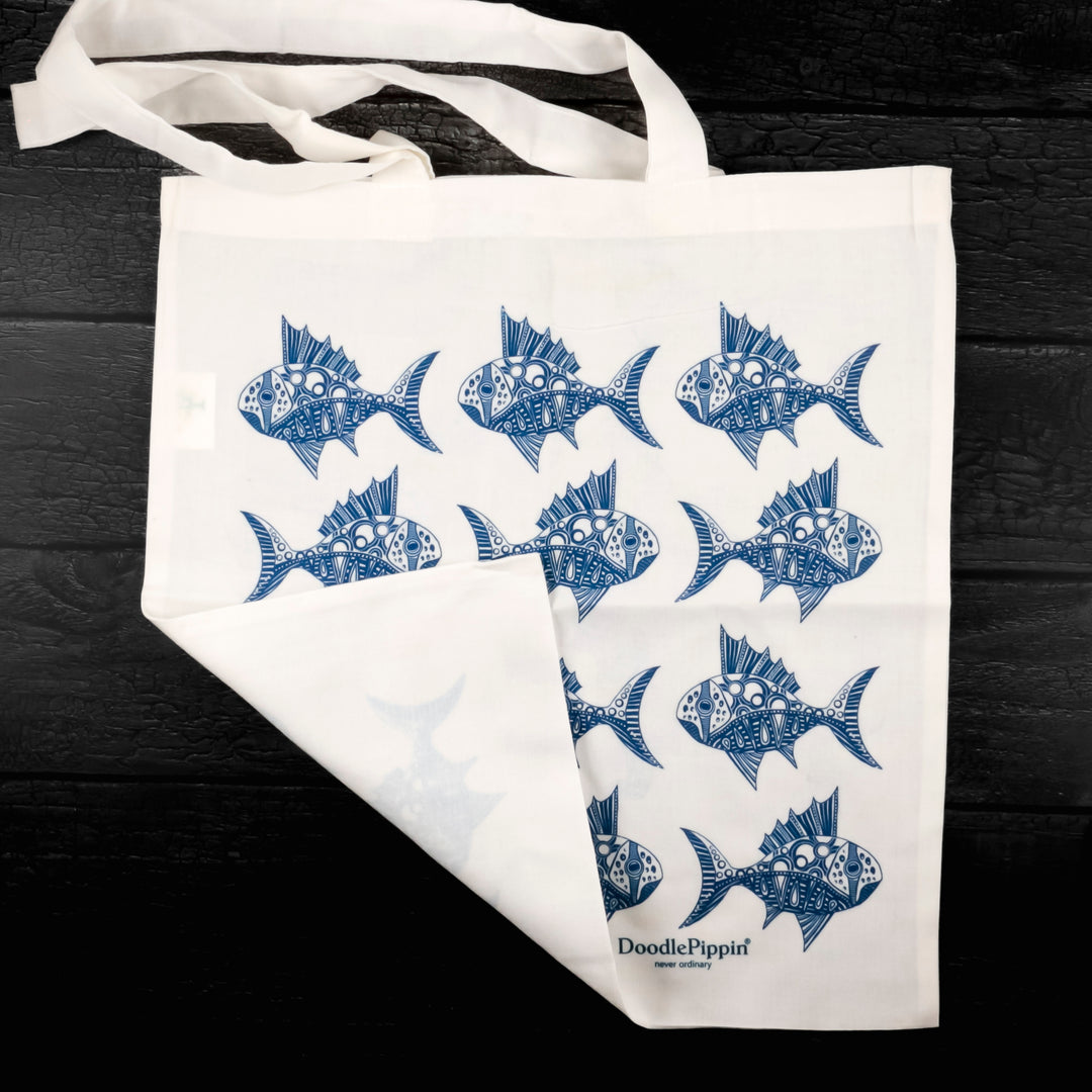 SALE Ink Blue Spiky Fish Shopping Bag - Lightweight foldaway tote