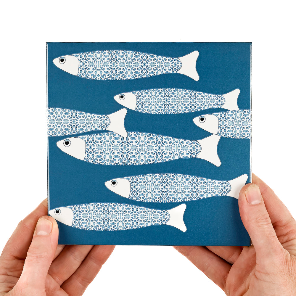 Ocean School tile - Teal - BORDER -  FIRED INK Version
