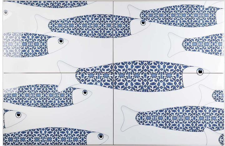 SALE - Ocean Shoal - White &amp; Blue Border version - Large SCALE - Rectangular Tile - 30x20cm (12x8 inches) Set of 4