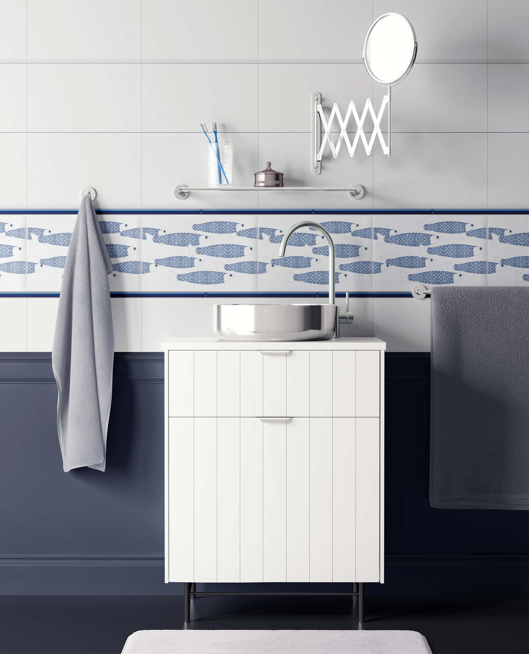 SALE Set of 13x Ocean Shoal - White &amp; Blue Border version - Large Rectangular Tile - 30x20cm (12x8 inches)