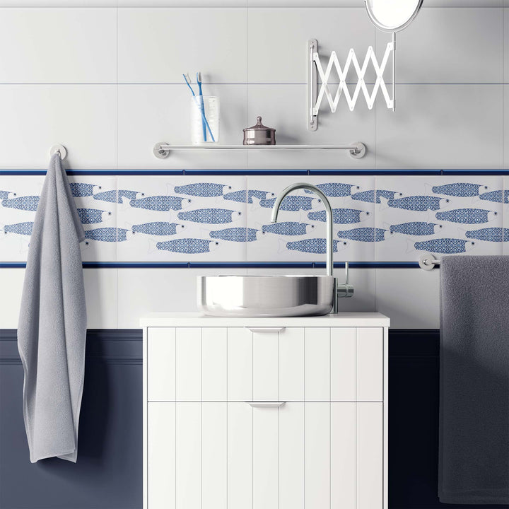 SALE Set of 13x Ocean Shoal - White &amp; Blue Border version - Large Rectangular Tile - 30x20cm (12x8 inches)