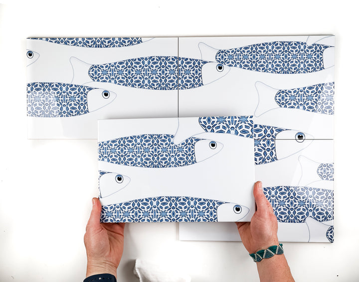 SALE - Ocean Shoal - White &amp; Blue Border version - Large SCALE - Rectangular Tile - 30x20cm (12x8 inches) Set of 4