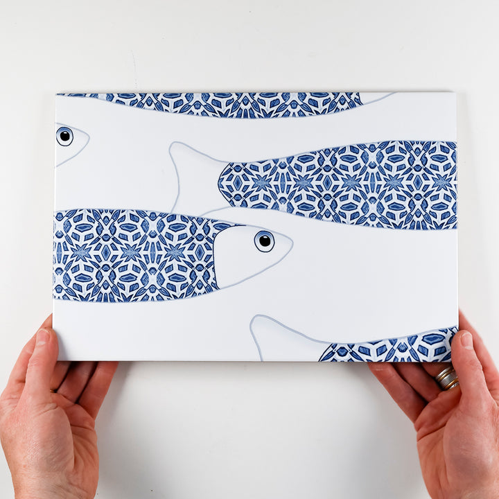 SALE - Ocean Shoal - White &amp; Blue Border version - Large SCALE - Rectangular Tile - 30x20cm (12x8 inches) Set of 4