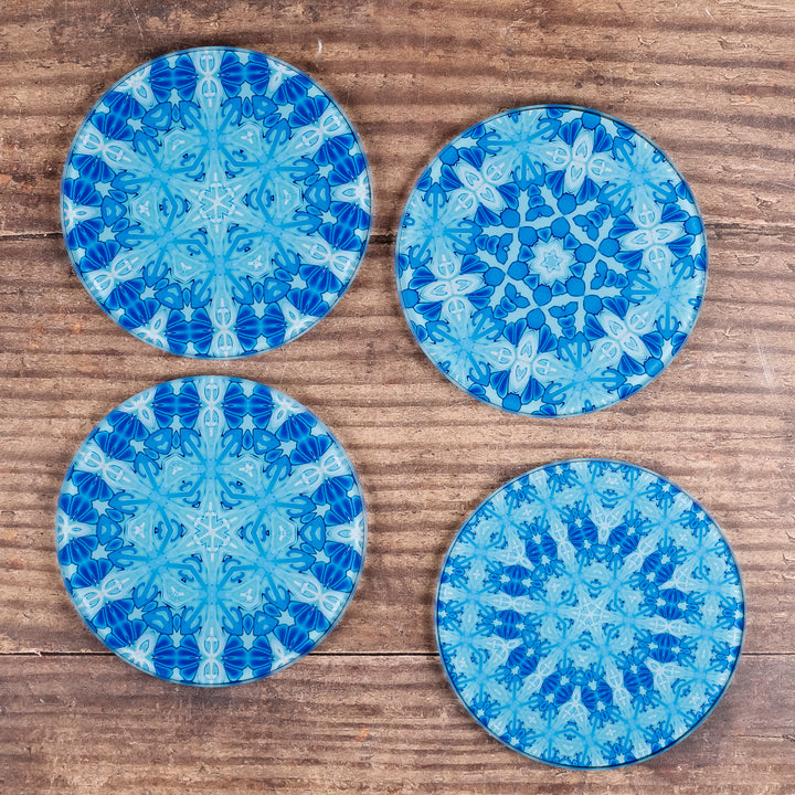 SALE - Set of 4x Blue/Turquoise Mixed Design circular glass coasters