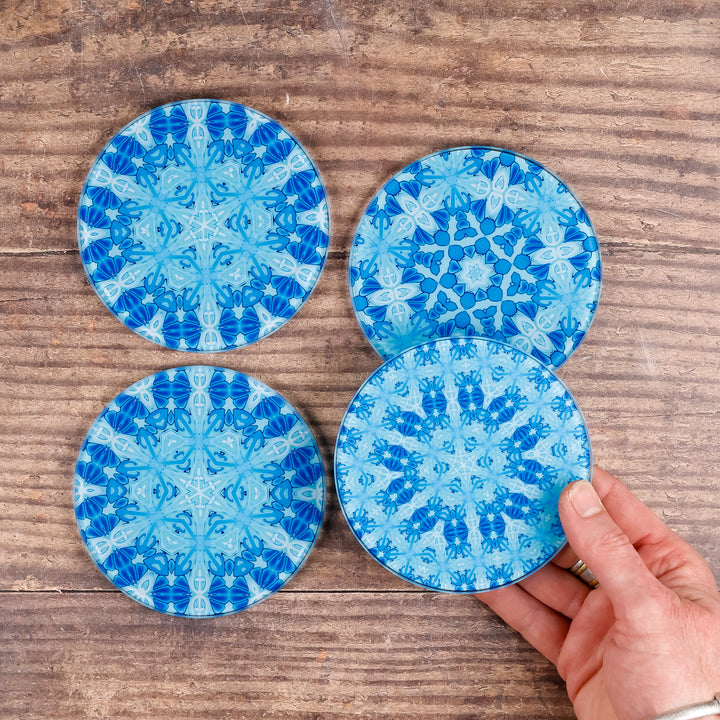 SALE - Set of 4x Blue/Turquoise Mixed Design circular glass coasters