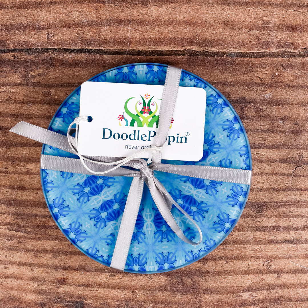 SALE - Set of 4x Blue/Turquoise Mixed Design circular glass coasters