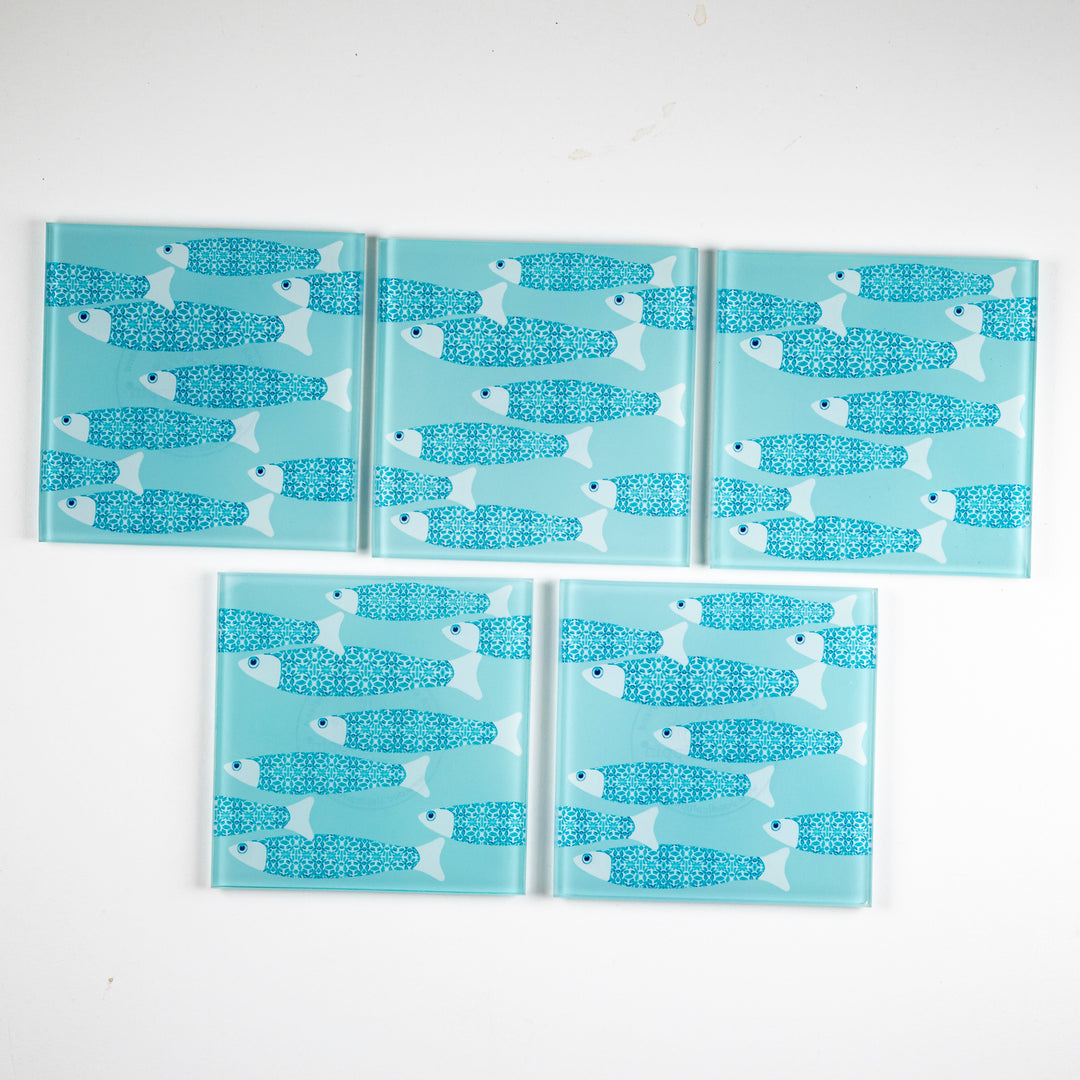 SALE Coaster Set - 5 x Ocean Shoal fish design (aqua)