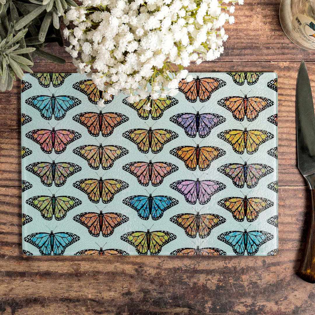 SALE - Multi-coloured butterfly Cutting Board (large rectangular/smooth surface)