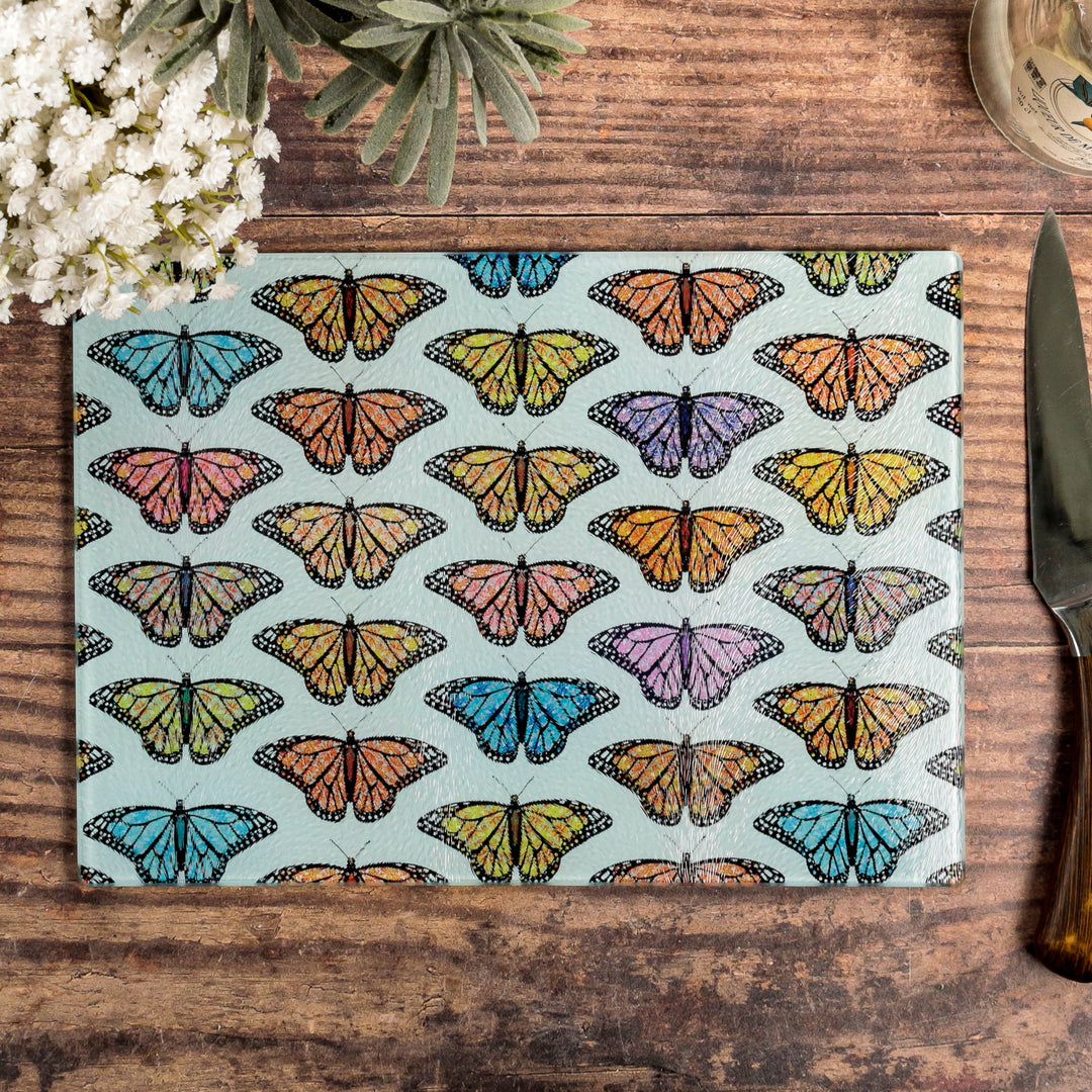 SALE - Multi-coloured butterfly Cutting Board (large rectangular/smooth surface)